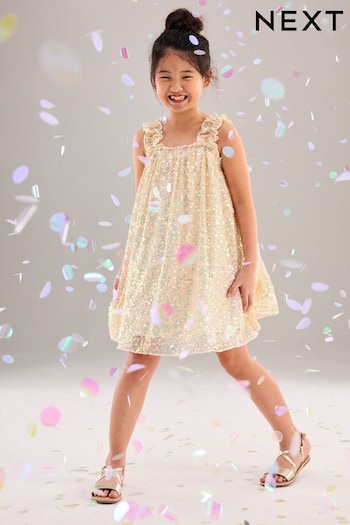 Neutral/ Iridescent Sequin Gathered Strappy Party Dress (3-14yrs) (949755) | £22 - £28