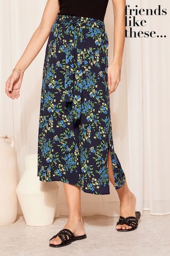 Friends Like These Navy Blue Floral Tie Waist Woven Midi Skirt (949830) | £29