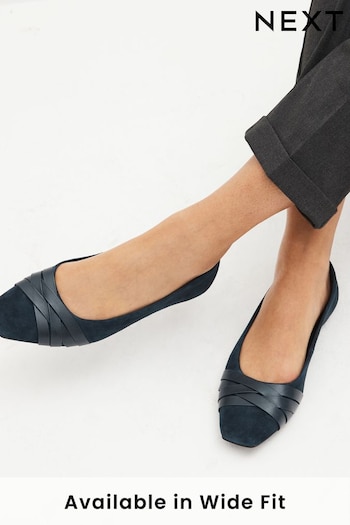 Navy Blue Forever Comfort® Leather Square Toe Ballerina Shoes entre (949857) | £42