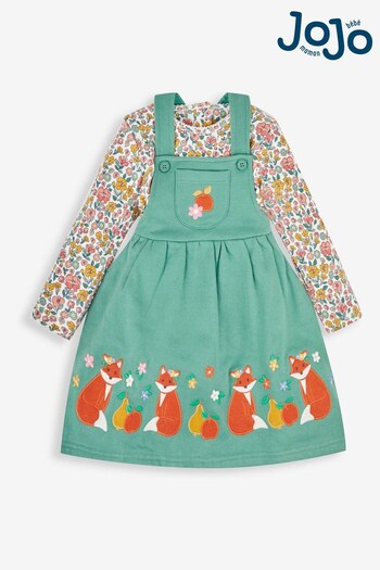 JoJo Maman Bébé Green Fox & Fruit Girls' 2-Piece Appliqué Pinafore Dress & Top Set (949891) | £26.50