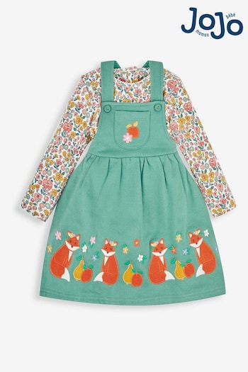 JoJo Maman Bébé Green Fox & Fruit Girls' 2-Piece Appliqué Pinafore Dress & Top Set (949891) | £21