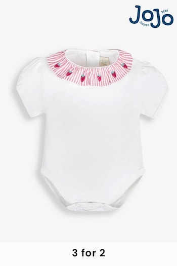 JoJo Maman Bébé White Strawberry Embroidered Frill Collar Body (949951) | £14