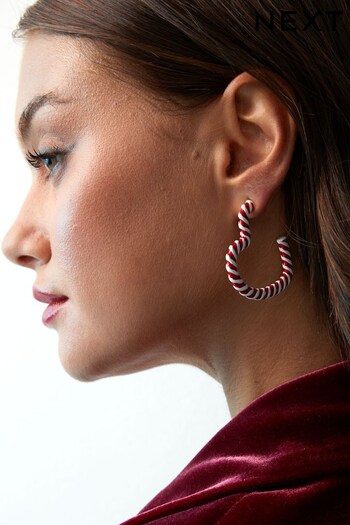 Red/White Christmas Candy Cane Heart Hoop Earrings (950303) | £10