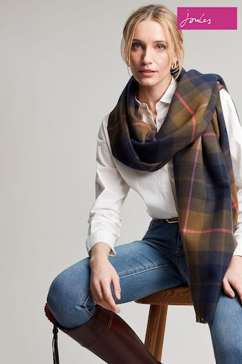 Joules Farnsley Navy Blue Checked Brushed Scarf (950402) | £32.95