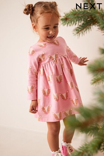Pink Reindeer Christmas Long Sleeve Jersey Dress (3mths-7yrs) (950726) | £7 - £9