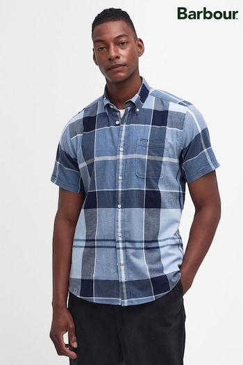 Barbour® Blue Doughill Check Cotton Blend With Linen Short Sleeve Shirt (951132) | £65