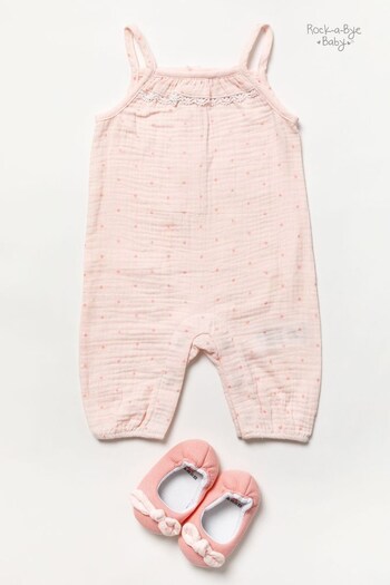 Rock-A-Bye Baby Boutique Pink Woven Crinkle Muslin Romper, T-Shirt, Headband and Shoes Outfit Set (951208) | £24