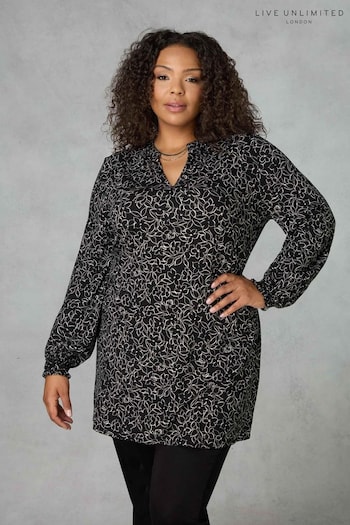 Live Unlimited Mono Linear Floral Jersey Black Tunic (951840) | £42