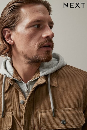 Stone Natural Cord Borg Lined Shacket with Hood (952269) | £72