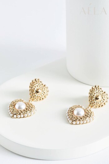 Aela Gold Tone Pearl Heart Drop Earrings (952585) | £12.50