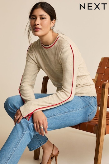 Neutral Cosy Soft Touch Piped Long Sleeve Crew Jumpers (952689) | £28