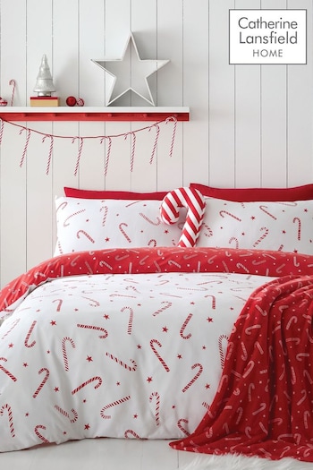 Catherine Lansfield White Christmas Candy Cane Reversible Duvet Cover Set (952870) | £16 - £25