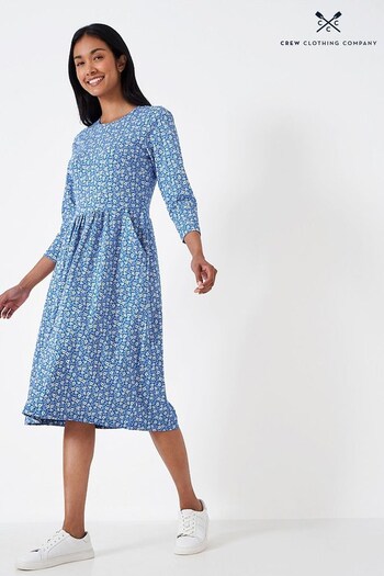 Crew Clothing Company Blue Floral Print Cotton Jersey Dress (952981) | £59