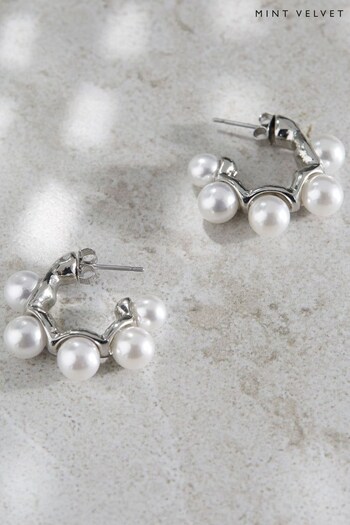 Mint Velvet Silver Pearl Hoop Earrings (953149) | £25