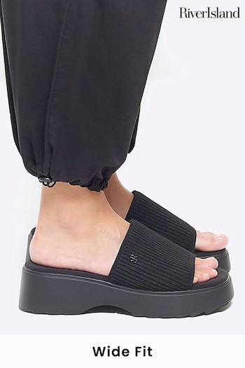 River Island Black Wide Fit Knitted Mule Flatform Sandals (953348) | £25