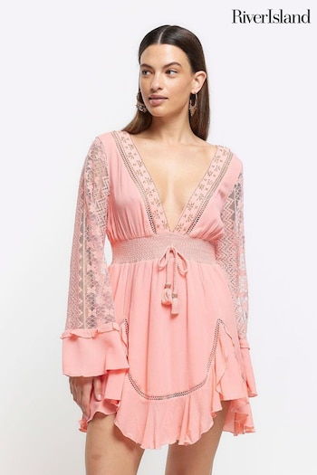 River Island Pink Plunge Angel Sleeve Mini Striped Dress (953367) | £45