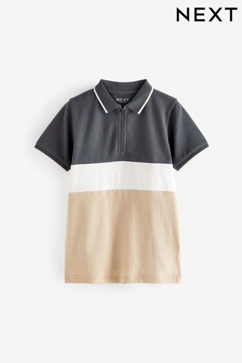 Tan Brown/Charcoal Grey Short Sleeve Zip Neck Polo Shirt (3-16yrs) (953392) | £10 - £16