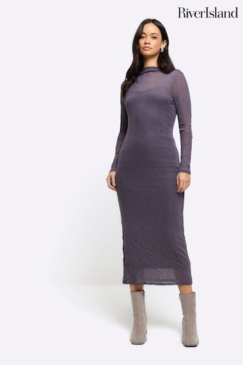 River Island Grey Long sleeve Column Mesh Midaxi Dress (953560) | £45