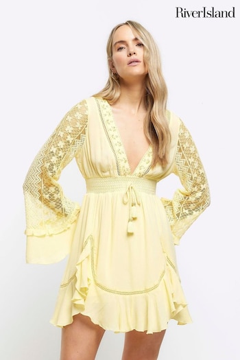 River Island Yellow Angel Sleeve Frill Mini Dress (953648) | £45