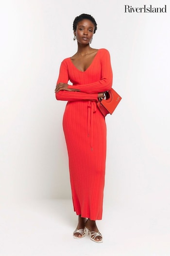 River Island Red Maxi Ribbed Belted Dress (954004) | £45