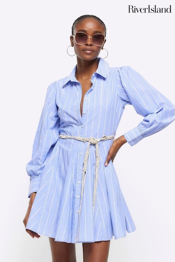 River Island Blue Stripe Belted Mini Shirt Dress (954340) | £45