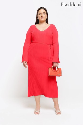 River Island Red Plus Maxi Ribbed Belted midi  Dress (954449) | £45
