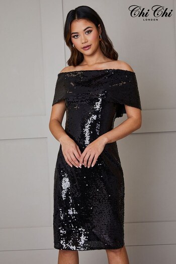Chi Chi London Black Bardot Sequin Bodycon Midi Dress (954539) | £95