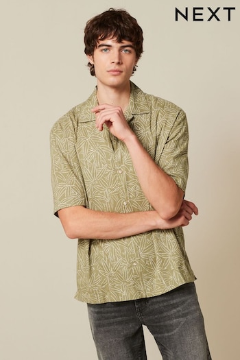 Green Floral Short Sleeve Shirt With Cuban Collar (954638) | £30