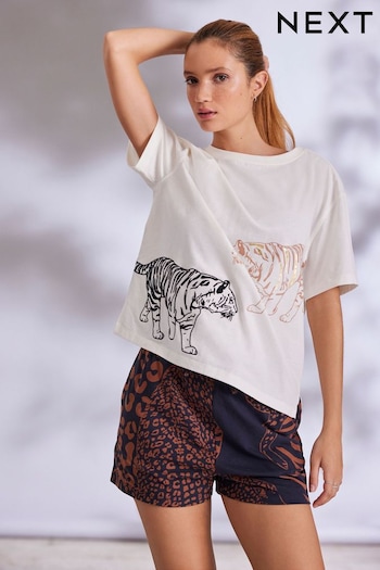 Cream Tiger Cotton Short Set Pyjamas (955210) | £18