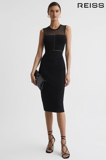 Reiss Black Lucia Sheer Knitted Bodycon Midi Dress (955259) | £188