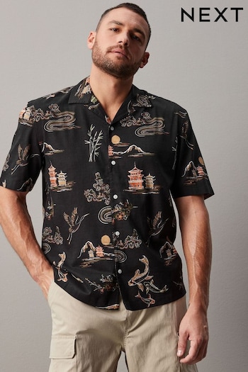Black Printed Short Sleeve Shirt With Cuban Collar (955561) | £30