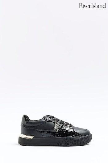 River Island Black Girls Croc Effect Patent Trainers (955872) | £22