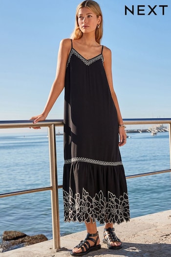 Black/Cream Embroidered Strappy Midaxi Summer Dress (955898) | £48