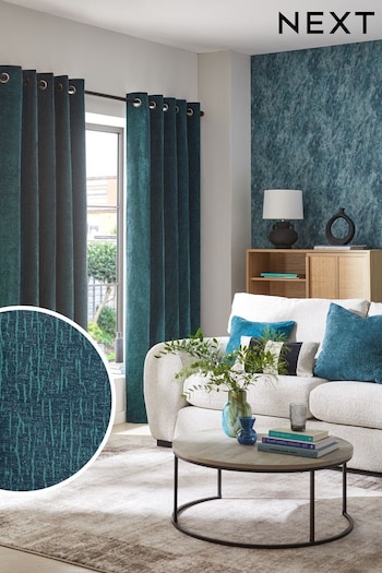 Dark Teal Green Next Heavyweight Chenille Eyelet Lined Curtains (956488) | £60 - £175