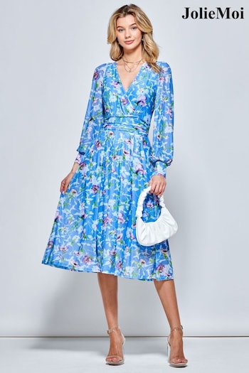 Jolie Moi Blue Floral Long Sleeve Mesh Midi Dress (956877) | £89