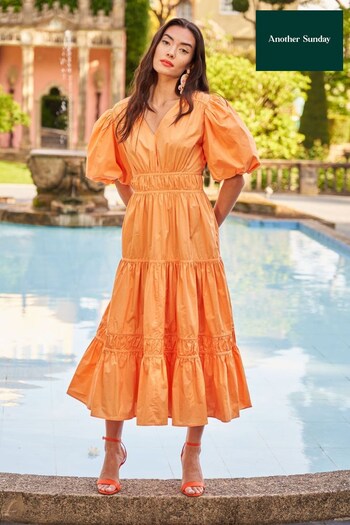 Another Sunday Tiered Midi Dress With Puff Sleeves In Orange (957323) | £58