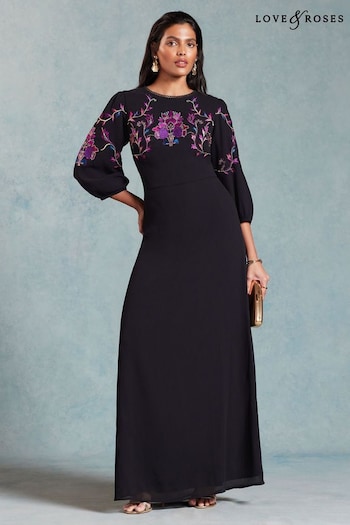 Custom Corner Sofas Black Embroidered Puff Sleeve Maxi Dress (957418) | £69