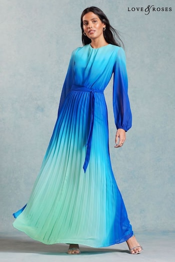 Gifts For Pets Blue Ombre Belted Long Sleeve Pleated Maxi Dress (957575) | £82