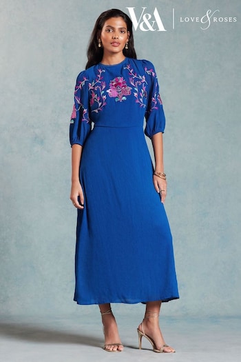 V&A | Trending: Garden Cushions Blue Embroidered Puff Sleeve Midi Dress (957619) | £72