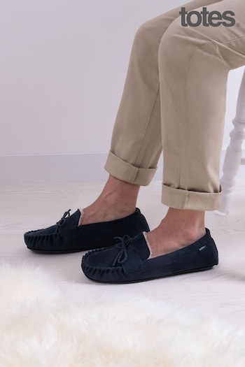 Totes Navy Suedette Mens Moccasin Slippers With Faux Fur Lining (958210) | £28