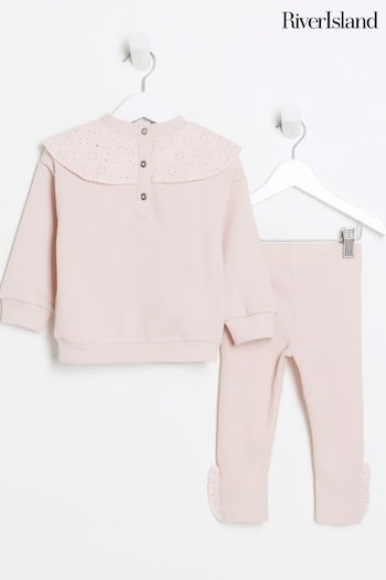 River Island Pink Girls Broderie Bow Sweatshirt Set (959204) | £25