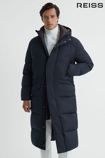 Reiss Navy Gate Quilted Long Hooded Coat (959468) | £448