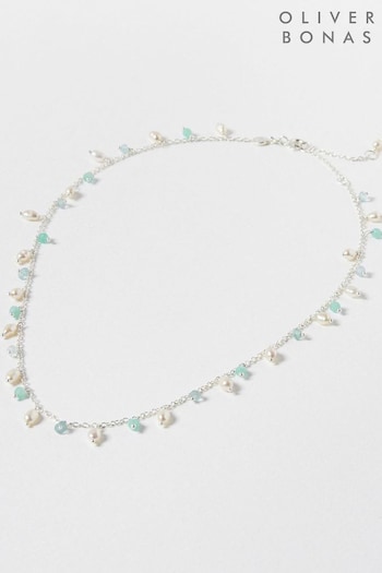 Oliver Bonas Blue Mae Apatite Amazonite & Freshwater Pearl Silver Chain Necklace (959598) | £59.50