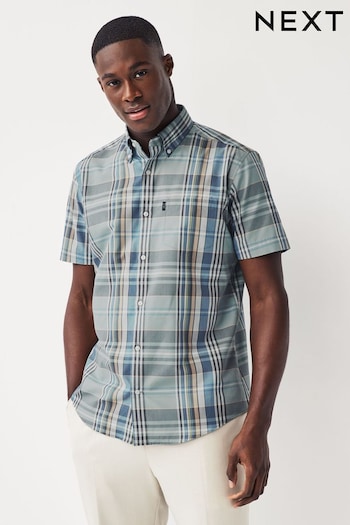 Sage Green Check Regular Fit Short Sleeve Easy Iron Button Down Oxford Shirt (959892) | £20