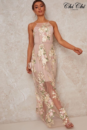 Chi Chi London Brown Sleeveless Embroidered Lace Maxi Dress (960427) | £120
