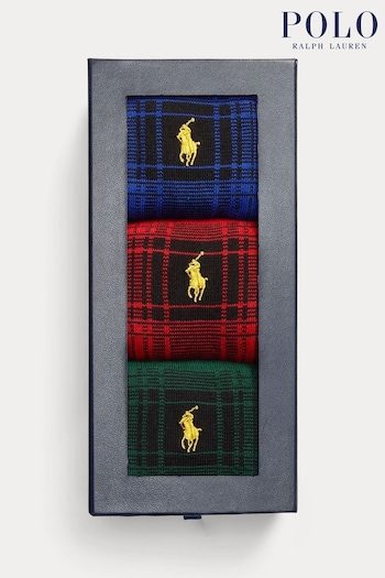 Polo Ralph Lauren Red Buffalo Plaid Crew Socks 3 Pack Gift Set (961181) | £45