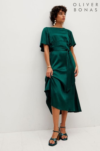 Oliver Bonas Green Crinkle Sleeve Dark Satin Midi Dress (961512) | £95