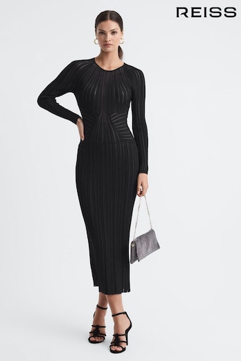 Reiss Black Ida Sheer Striped Bodycon Midi Dress (961580) | £228