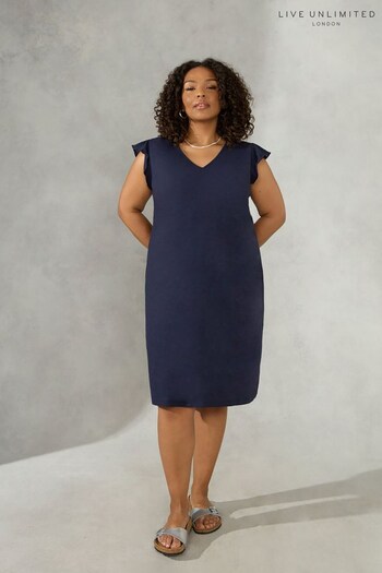 Live Unlimited Curve Navy Blue Frill Sleeve Cotton Textured Dress (961971) | £49