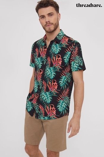 Threadbare Black Cotton Tropical Print Short Sleeve Shirt (962213) | £24